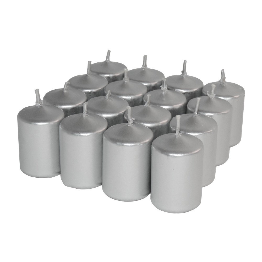 HotStar Unscented Candles Metallic Silver 16 Pcs Pillar Duration 6 Hours 35x50 mm