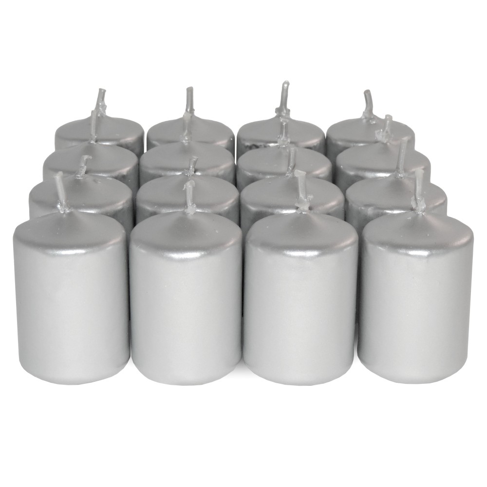 HotStar Unscented Candles Metallic Silver 16 Pcs Pillar Duration 6 Hours 35x50 mm