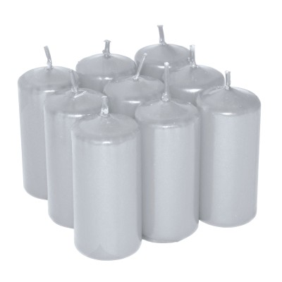 HotStar Unscented Candles Metallic Silver 9Pcs Pillar Duration 7-8 Hours 35x80 mm