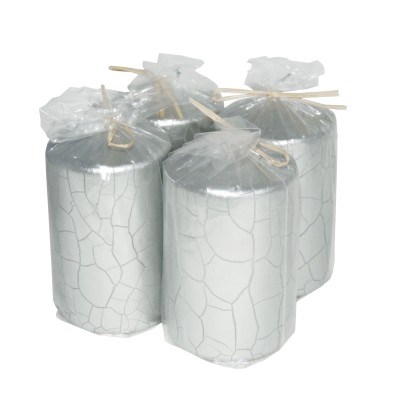 HotStar Crack Metallic Silver Candles Pillars 4 Pcs Burning 30 Hours 60x100 mm Unscented