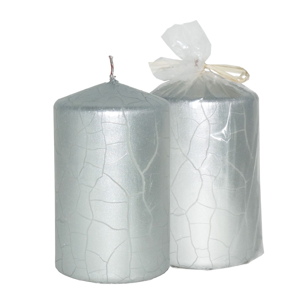 HotStar Crack Metallic Silver Candles Pillars 6 Pcs Burning 30 Hours 60x100 mm Unscented