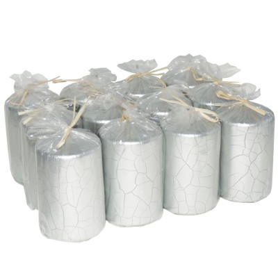 HotStar Crack Metallic Silver Candles Pillars 12 Pcs Burning 30 Hours 60x100 mm Unscented