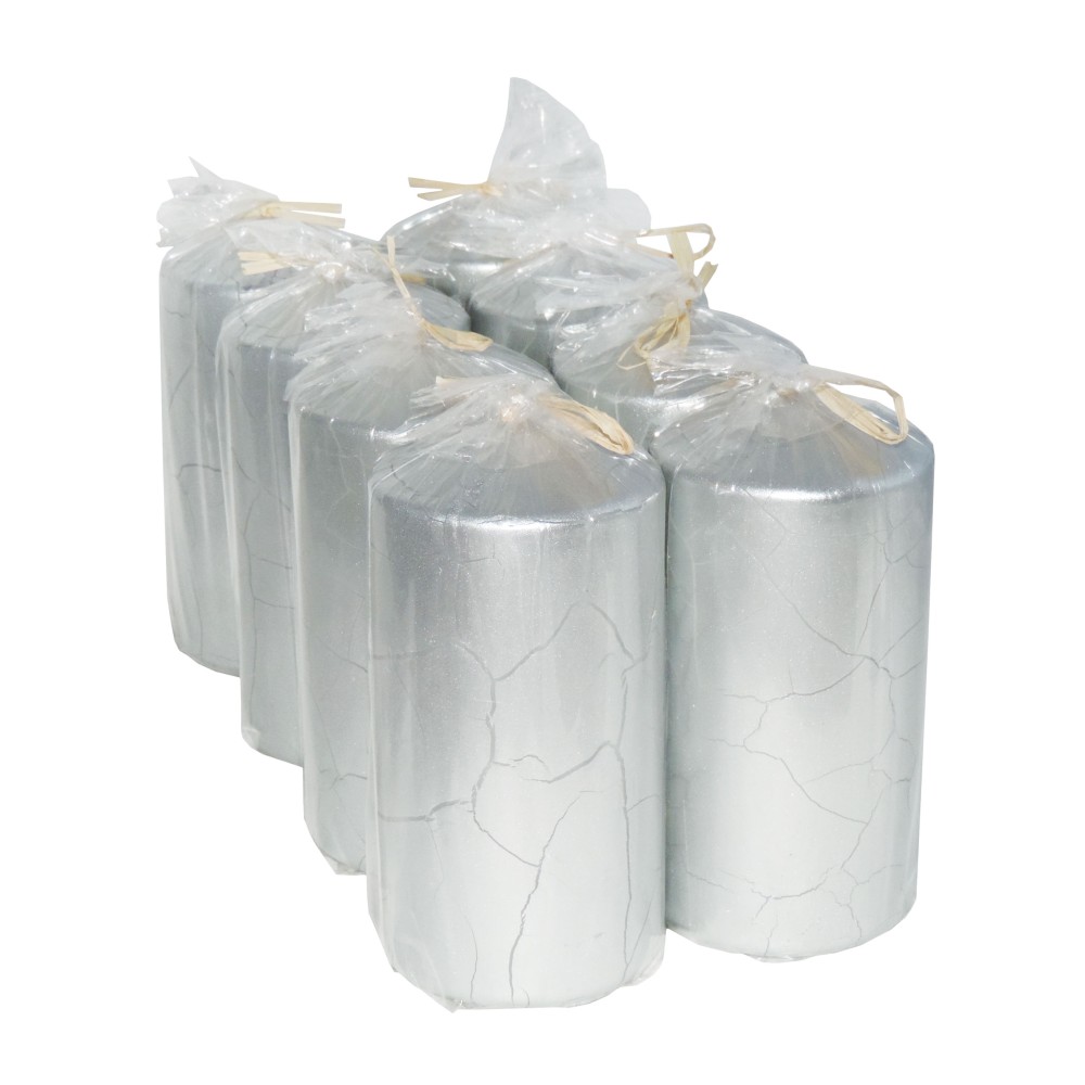 HotStar Crack Metallic Silver Candles Pillars 8 Pcs Burning 69 Hours 70x140 mm Unscented