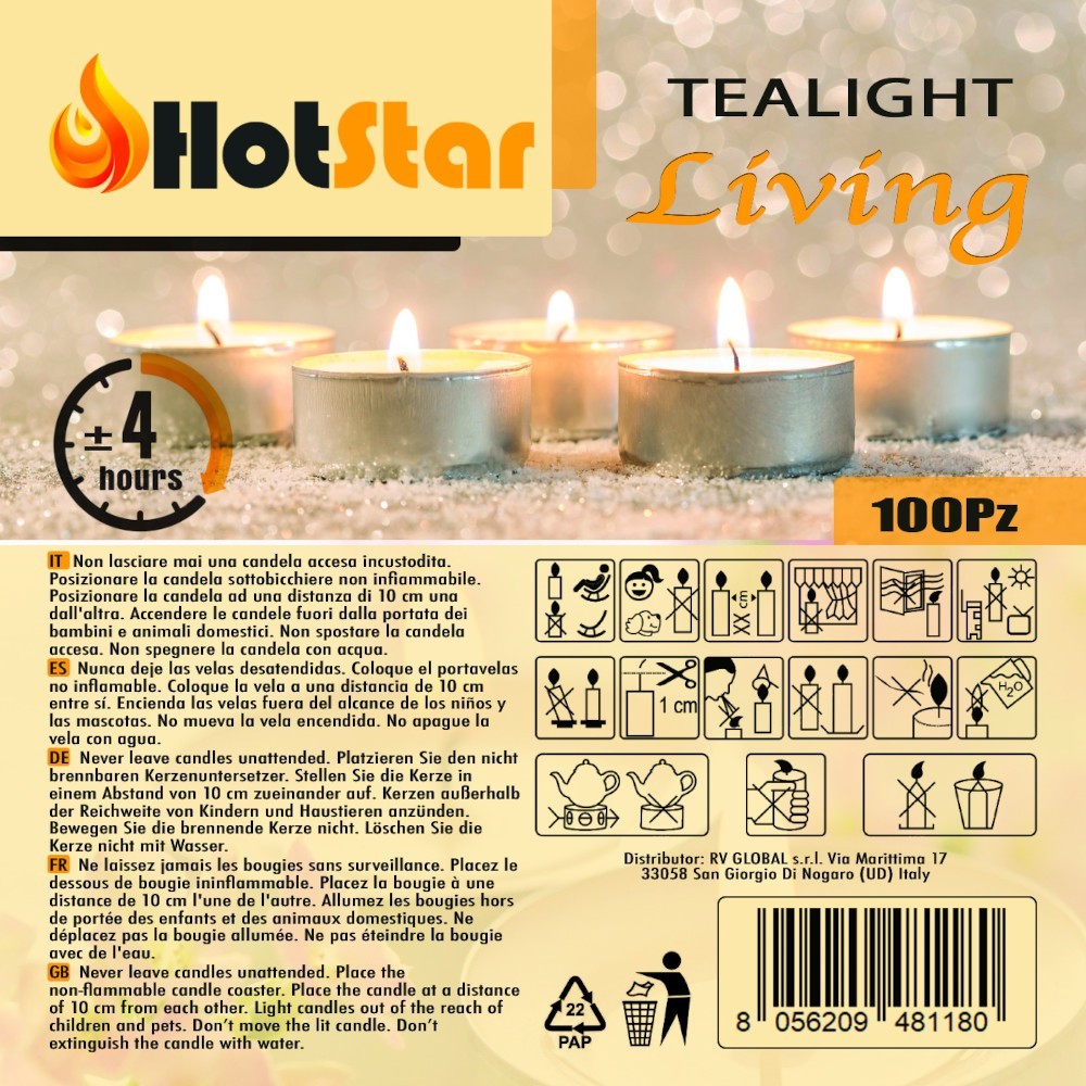 HotStar Living Tealight Candele Lumini Non profumati 4h 100Pz Bianco