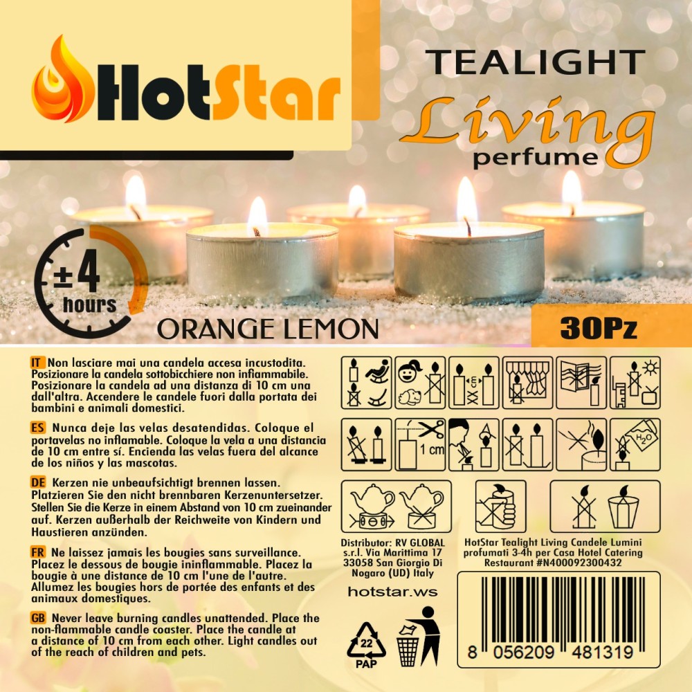 HotStar Living Tealight Scented ORANGE+LEMON Candles 4h 30Pcs