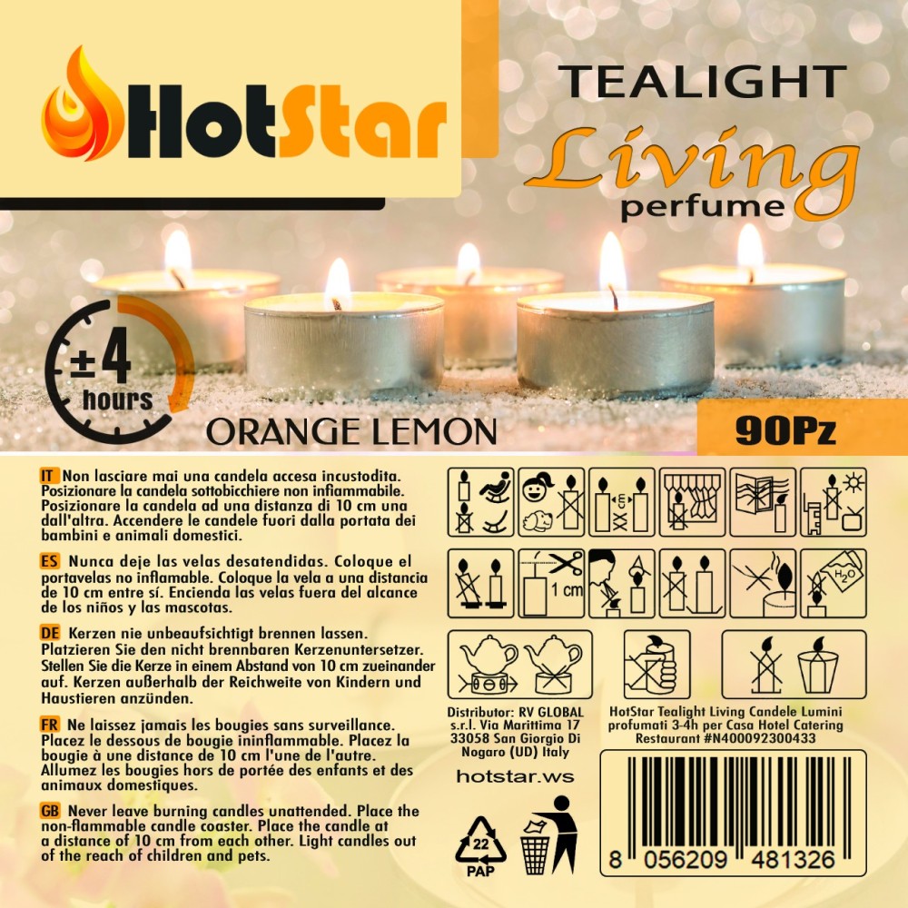 HotStar Living Tealight Scented ORANGE+LEMON Candles 4h 90Pcs