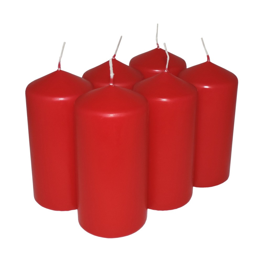 HotStar Pillar Wax Cylindrical Candles Duration 30 Hours d60 h120 mm RED Color Set of 6 Pieces