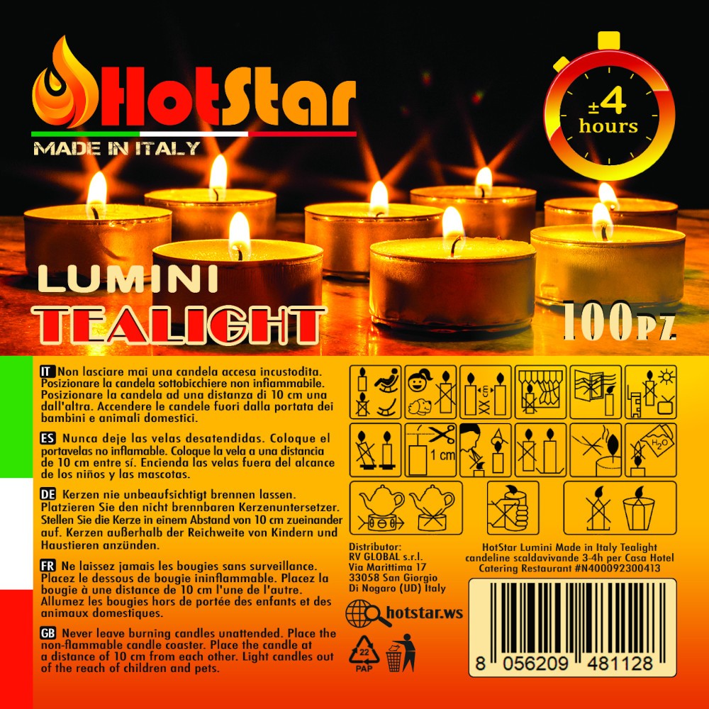 HotStar Lumini Tealight Candele Non profumati 4h 100Pz Bianco Made in Italy